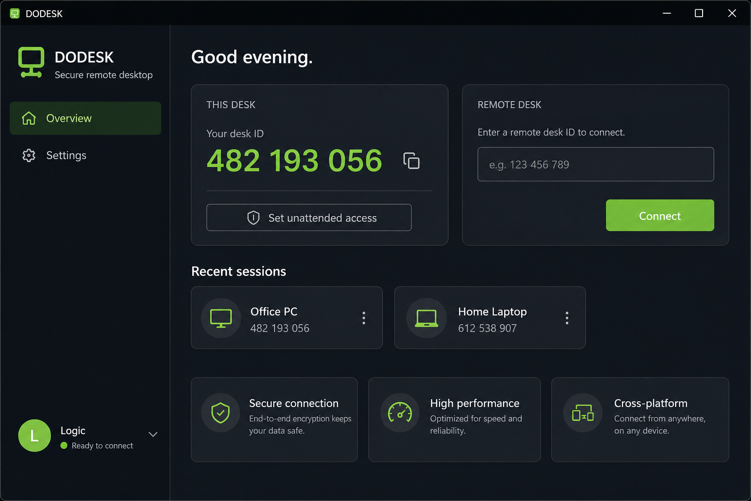 DODESK dashboard with This Desk ID and Remote Desk connect