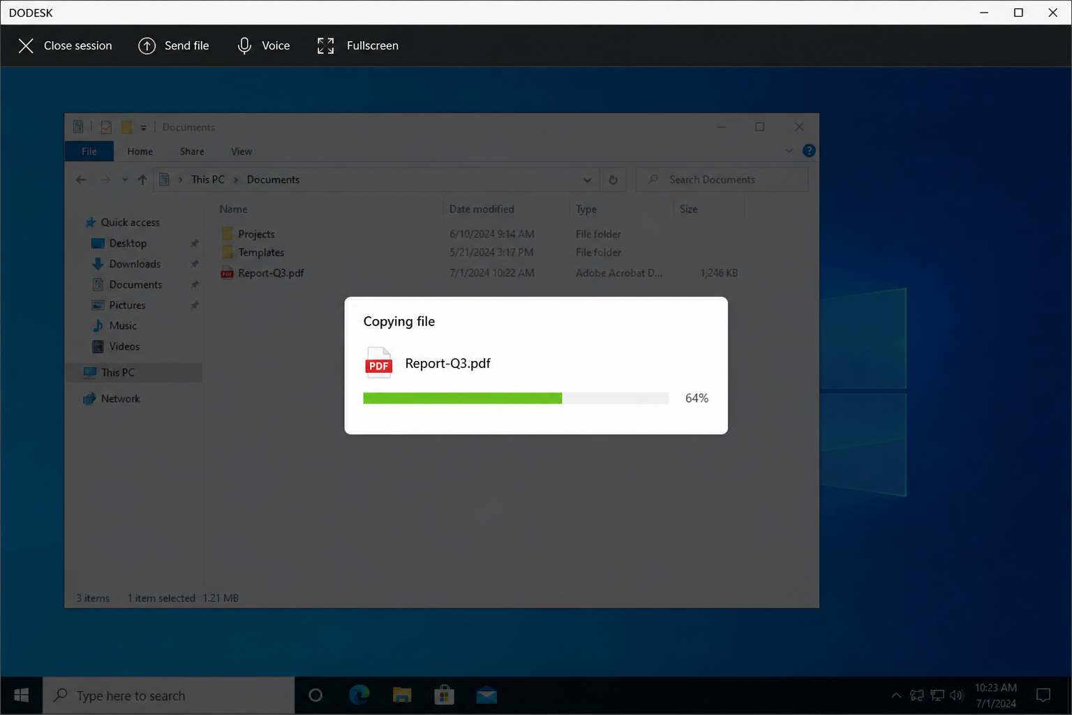 File transfer progress during a session
